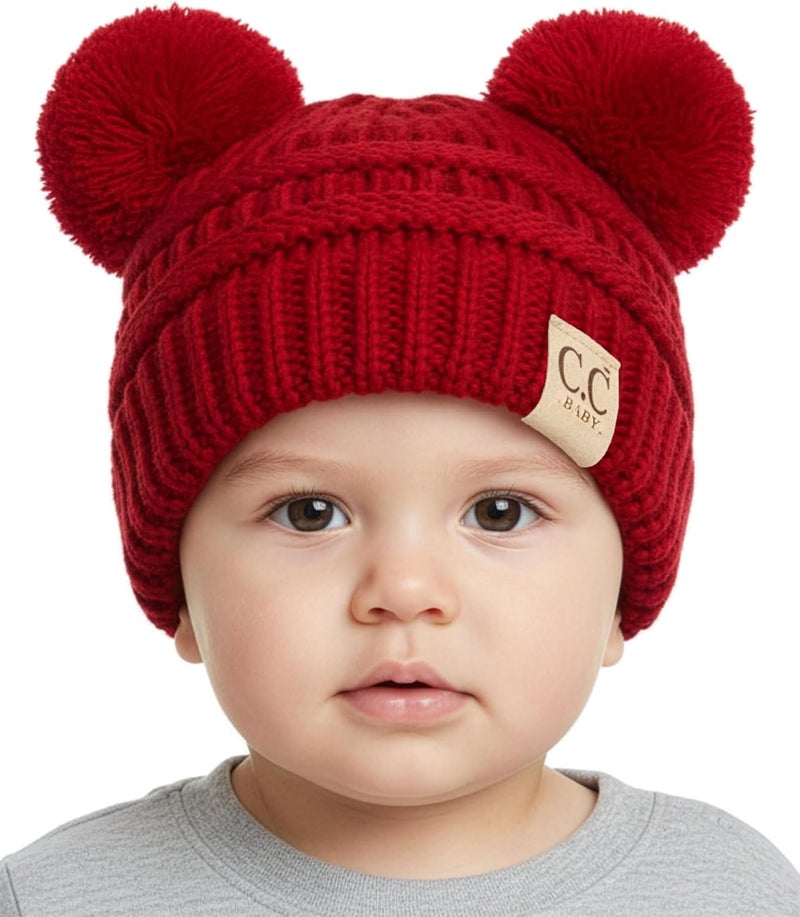 Funky Junque Double Pom Pom Baby Beanie – Newborn Girl Winter Hat 0–12 Months, Cute Cozy Knit Infant Beanies for Cold Weather - Image 1